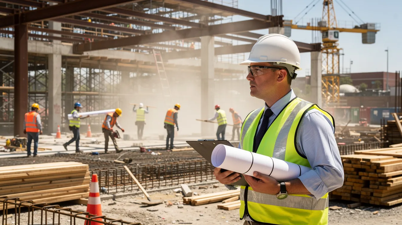Construction supervisor overseeing active field work on a job site