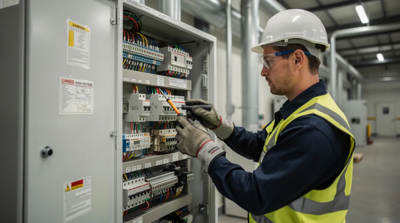 An electrician is focused on maintaining and troubleshooting a large electrical panel in an industrial facility, showcasing the importance of skilled trades in ensuring the safety and functionality of electrical systems. This rewarding trade career offers strong job security and opportunities for on-the-job training in a high-demand field.