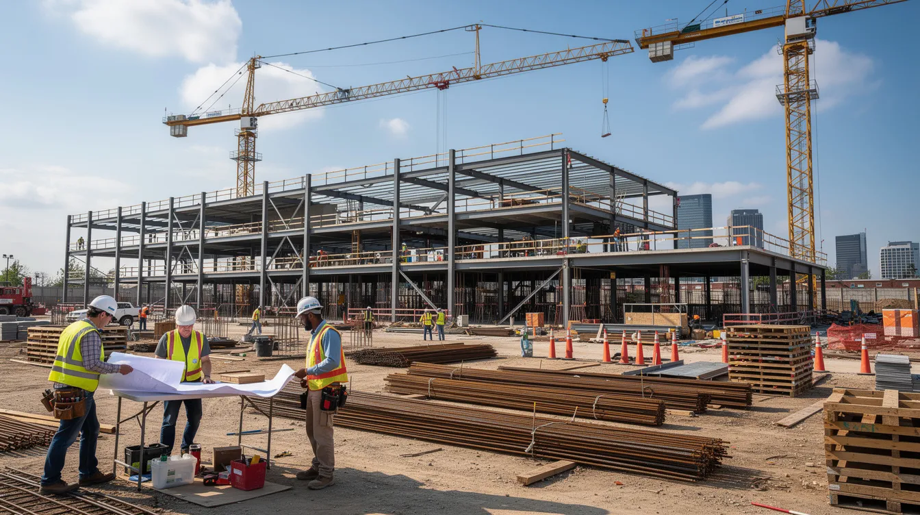 A bustling construction site features several construction workers engaged in various tasks, surrounded by towering steel framing and cranes in the background, illustrating the dynamic environment of skilled trades in construction. This scene highlights the strong demand for skilled workers and the rewarding trade careers available in high-paying trade jobs within the industry.