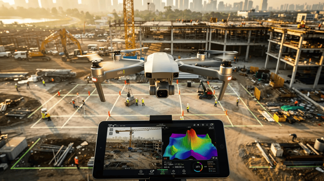 Drone capturing aerial data over an active construction site to support progress tracking, safety review, and project documentation.