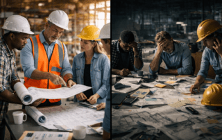 construction project before and after losing project manager, showing planning control vs delays, disorganized team, and project breakdown