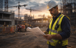 Construction superintendent reviewing project plans on a commercial jobsite, illustrating leadership and compensation trends in construction management