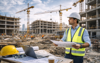 Construction project manager reviewing blueprints on active jobsite with cranes, crew, and structural framing in progress