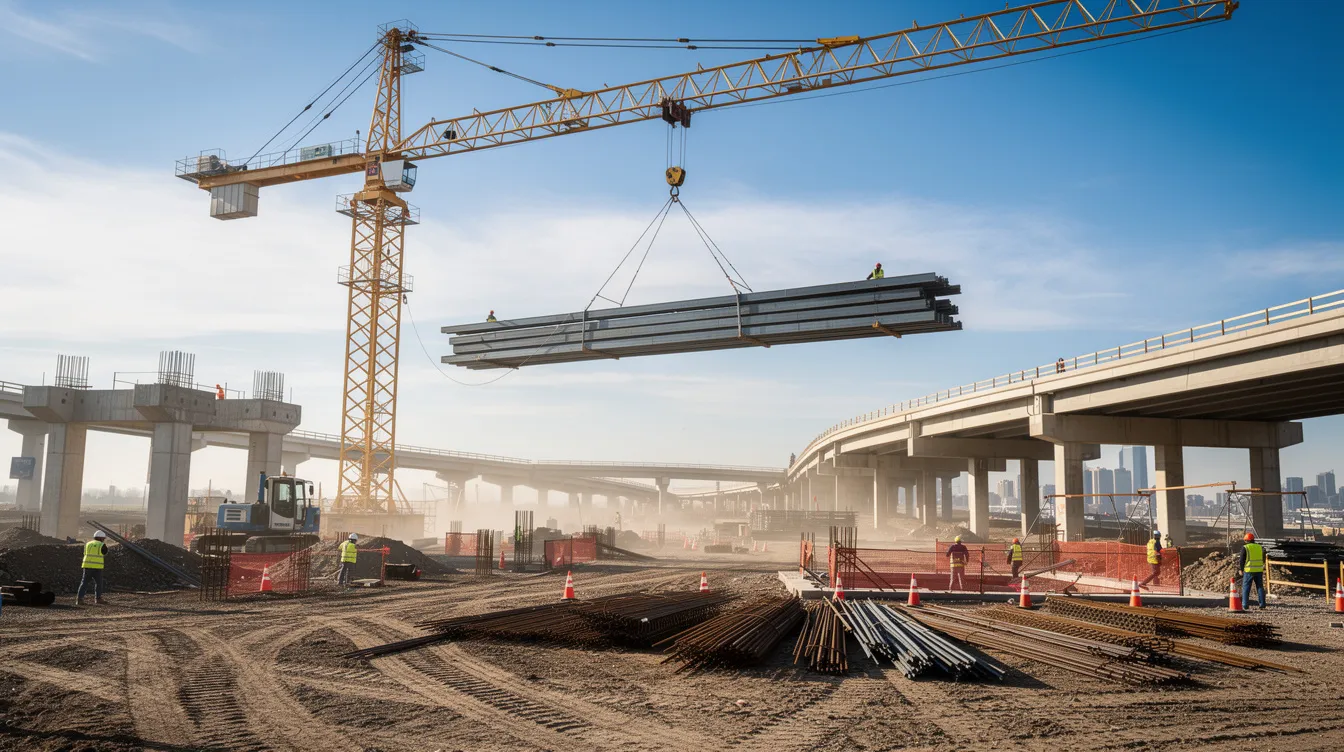 A large crane is lifting steel beams at a bustling infrastructure construction site, showcasing the skilled trades involved in building high-rise structures. The scene highlights the demand for skilled workers in construction, emphasizing rewarding trade careers that offer strong job security and growth opportunities.