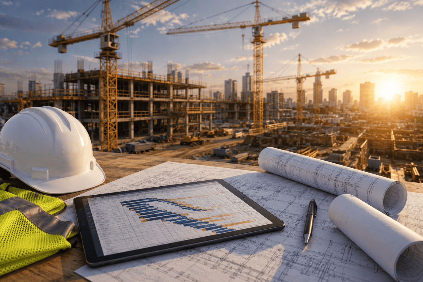 Construction plans, hard hat, safety vest, and project schedule tablet on an active commercial jobsite with cranes and city skyline at sunset.