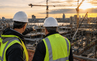 Two construction leaders in hard hats and safety vests overlook a large urban construction site with cranes, crews, and active building work at sunset.