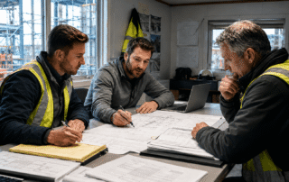 Construction project managers and field leaders reviewing blueprints in a jobsite office during a project planning meeting.