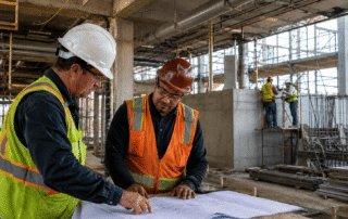 Two construction professionals in hard hats and safety vests review blueprints inside an active commercial construction site with crews working in the background.