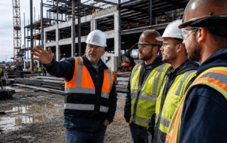 Construction superintendent in hard hat briefing field leaders on an active commercial construction site with steel framing in the background.