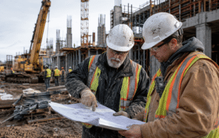 An experienced older construction superintendent reviews plans with a younger field leader on a muddy active jobsite with cranes, steel, concrete, crews, and equipment in the background.