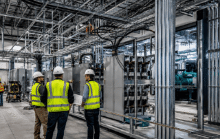 Construction leaders in hard hats and safety vests review plans inside an industrial mechanical and electrical room with conduit, power equipment, and active jobsite work.