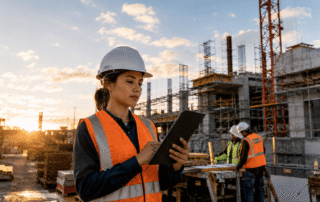 Female construction engineer in a hard hat and safety vest using a tablet on an active commercial construction site at sunset.