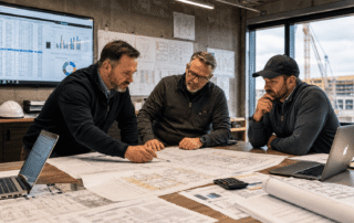 Construction estimating team reviewing blueprints, bid documents, and project data in a jobsite planning office.