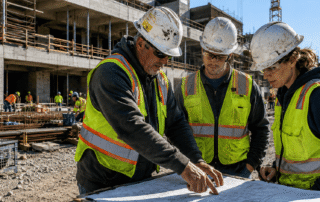 Construction leaders in hard hats and safety vests review blueprints together on an active commercial construction site.