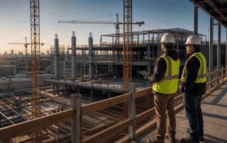 Two construction leaders in hard hats review progress from an elevated deck overlooking a large commercial building site with cranes, steel framing, and city skyline in the background.