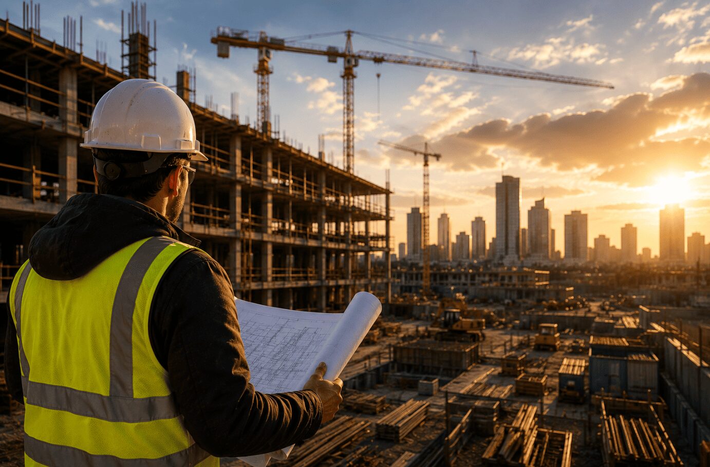 Construction professional in a hard hat reviews blueprints while overlooking a large active jobsite with cranes, equipment, and city skyline at sunset.