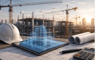 Tablet showing a digital building model on construction plans with cranes, hard hat, blueprints, and calculator at an active jobsite.