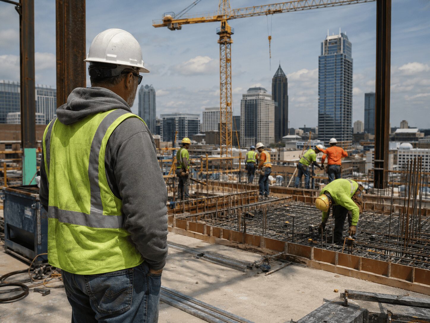 Construction superintendent watching crews tie rebar on a high-rise jobsite with a crane and city skyline in the background.