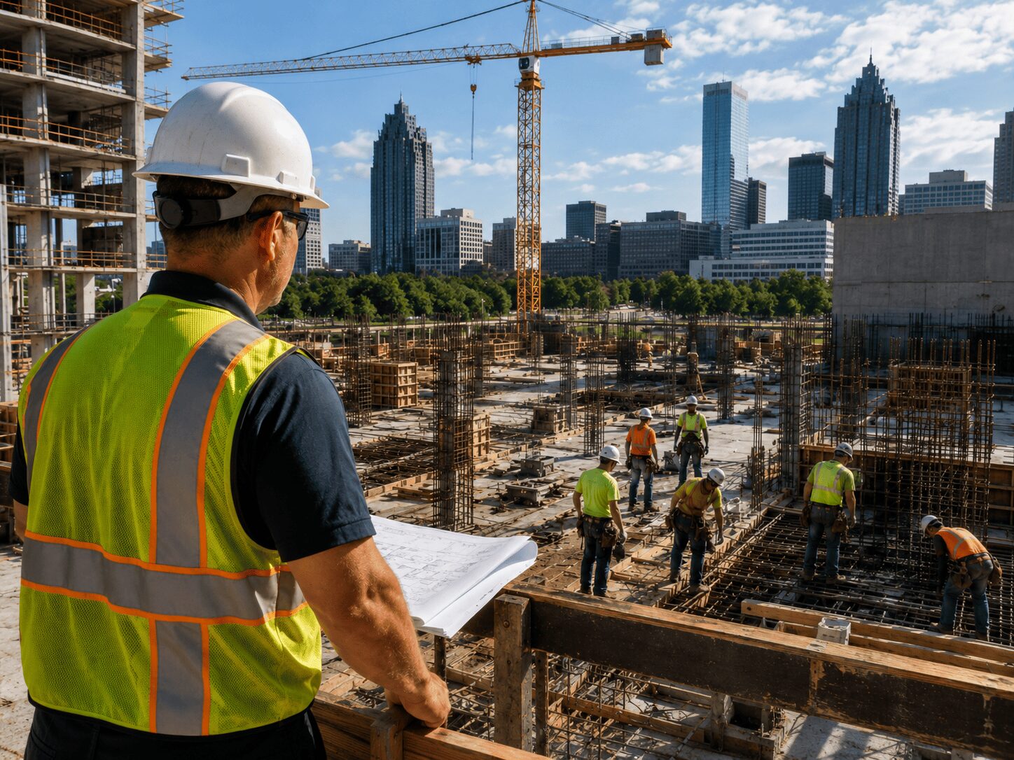 Construction superintendent holding plans while watching crews work on rebar and concrete forms at a busy urban construction site with cranes and high-rise buildings nearby.