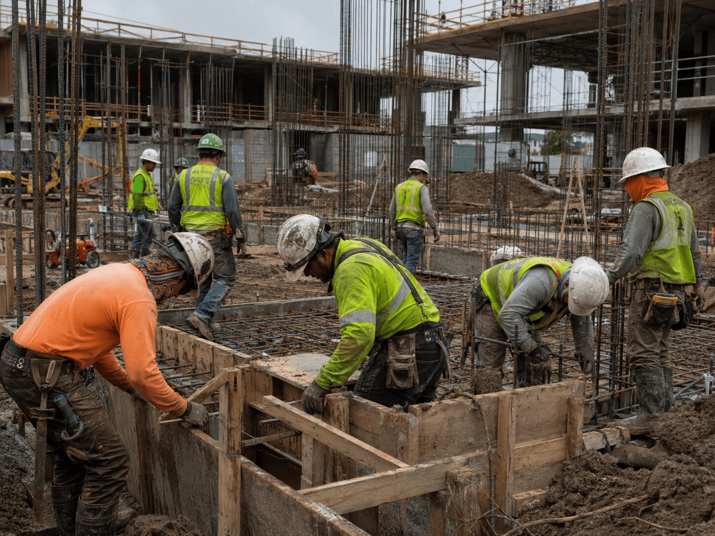 Construction workers in hard hats and safety vests building concrete forms and tying rebar on a muddy commercial jobsite in Texas.