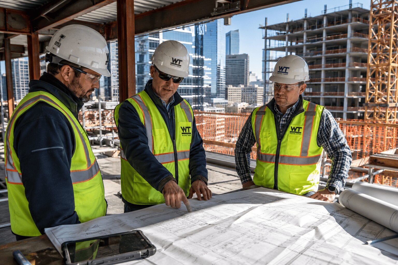 Three construction executives in hard hats reviewing blueprints on an active high-rise construction site with cranes and steel framing behind them.
