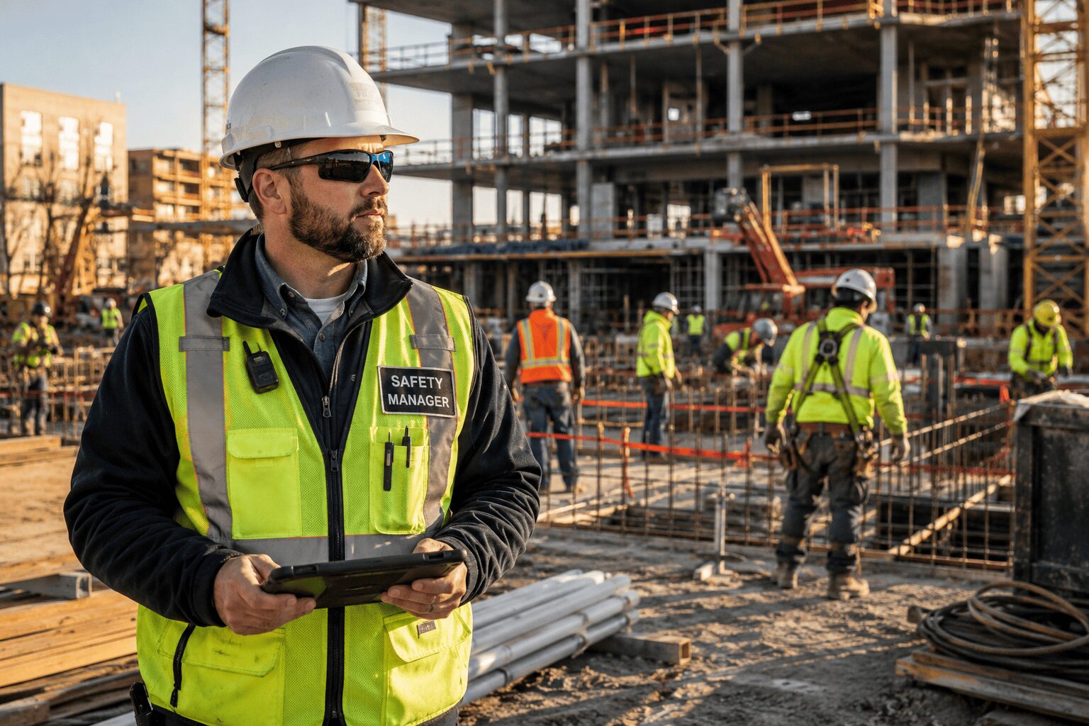 Construction safety manager in a hard hat and high-visibility vest holding a tablet while workers operate across an active commercial jobsite.