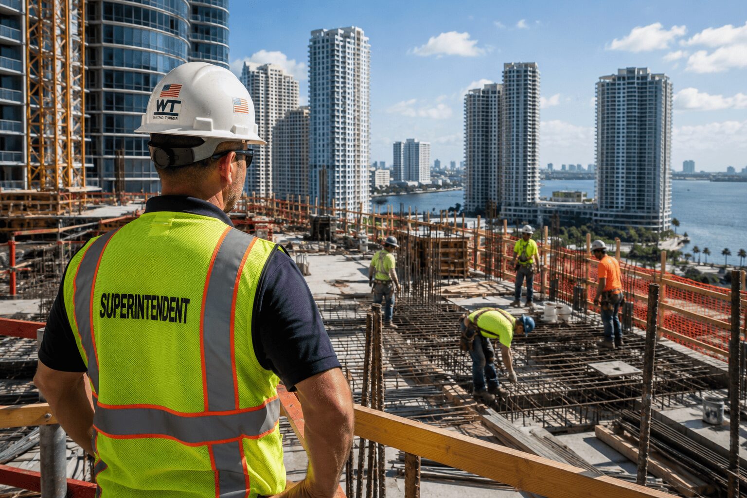 Construction superintendent overseeing workers tying rebar on a high-rise commercial jobsite with Florida waterfront towers in the background.