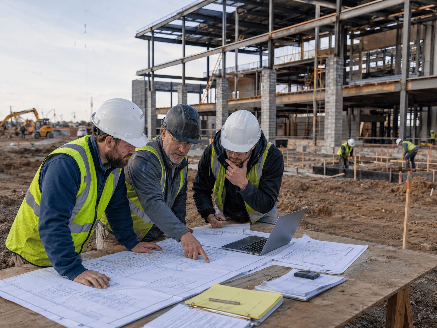 Construction preconstruction team reviewing blueprints and cost documents at a jobsite table with steel framing and active site work in the background.