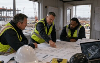 Construction leaders review blueprints in a jobsite trailer while an active commercial construction site continues in the background.
