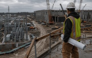 Construction superintendent overlooks a muddy data center jobsite with cranes, concrete structure, electrical substation equipment, utility piping, and active power infrastructure work.