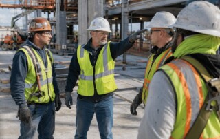Construction safety manager leading a jobsite safety discussion with field leaders and workers on an active commercial construction site.