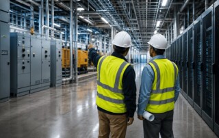Two construction superintendents in hard hats review electrical and server infrastructure inside a data center facility.