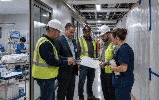 Healthcare construction project manager reviewing plans with field leaders and hospital staff during a live hospital corridor renovation with containment barriers.