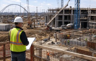 General superintendent overseeing field operations on a large commercial construction site with cranes, concrete structures, crews, and active work zones.