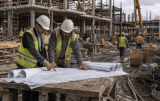 Commercial construction managers reviewing project plans on a muddy active jobsite with structural framing, cranes, crews, scaffolding, and field activity in the background.