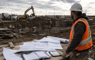 Chief estimator reviewing construction plans on a muddy active jobsite with rebar, excavation work, concrete truck, and heavy equipment in the background.