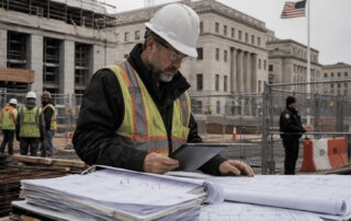 Federal construction project manager reviewing plans and documentation at a secured government construction site with workers, fencing, and an American flag.