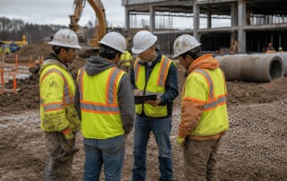 Federal construction project manager reviewing plans on a tablet with laborers at an active muddy construction site, with heavy equipment, concrete pipe, gravel, and an unfinished structure in the background.