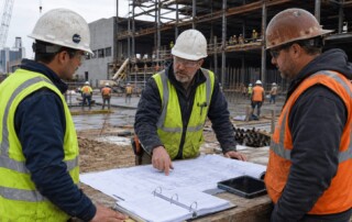 Senior project engineer reviewing marked-up plans with a field engineer and superintendent on an active commercial construction site.
