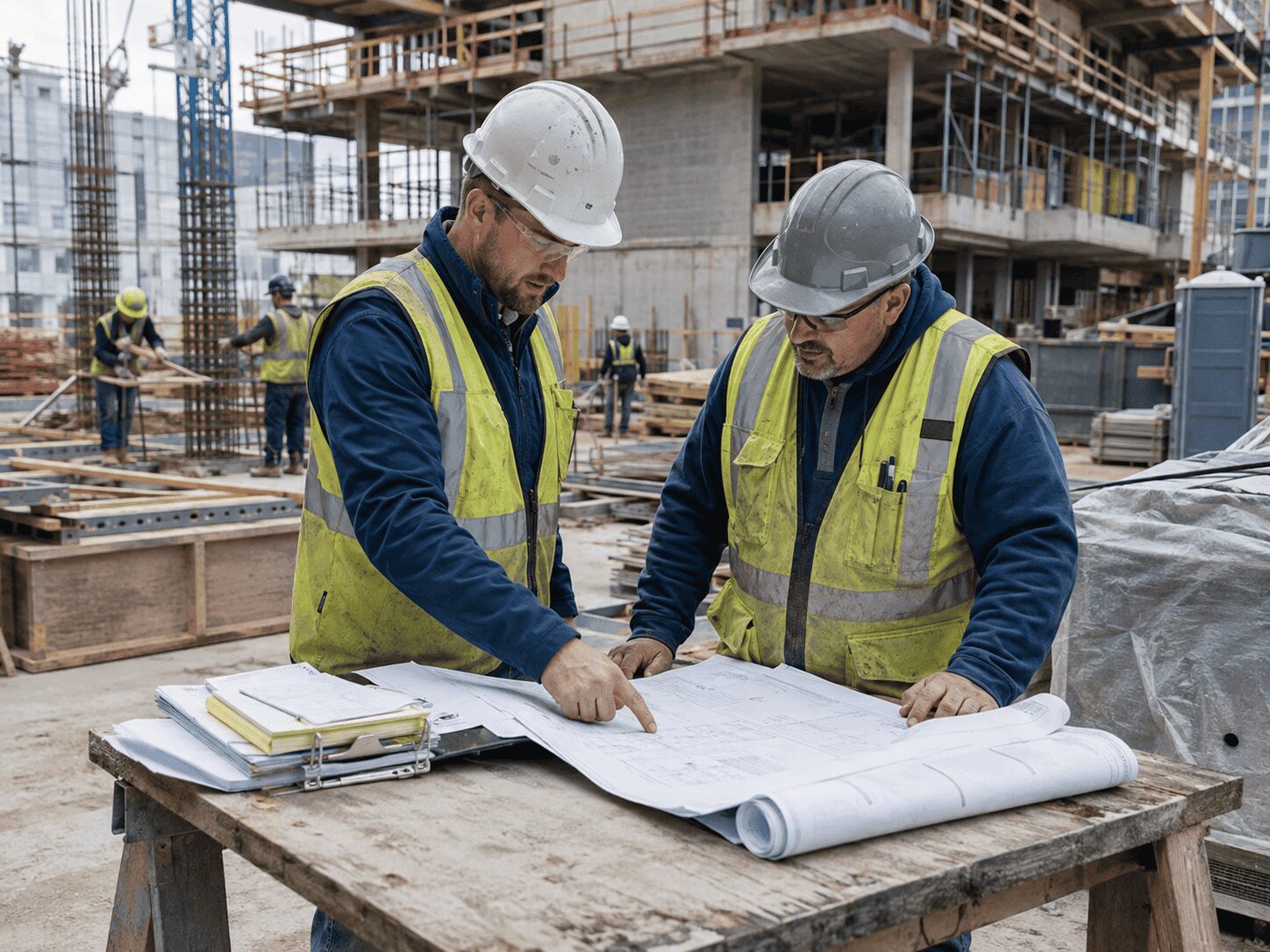 Construction project manager and superintendent reviewing plans on an active commercial jobsite