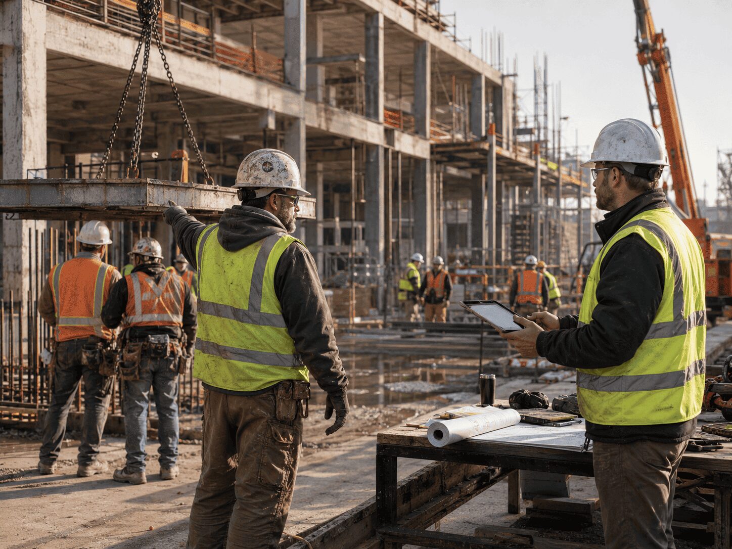 Construction superintendent directing field crews while a project manager reviews plans on a commercial jobsite.