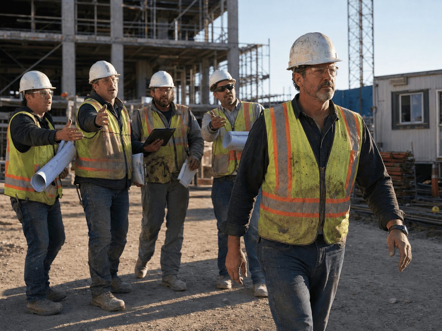 Experienced construction superintendent walks away as four managers compete for his attention on an active commercial jobsite.