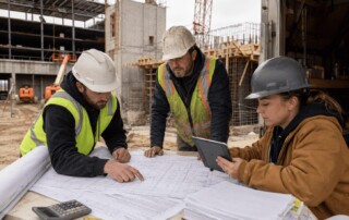 Construction estimators reviewing blueprints, bid documents, and a tablet at a jobsite table on a commercial project.