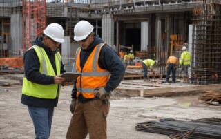 Construction project manager reviewing project details on a tablet with a field leader on an active commercial jobsite.