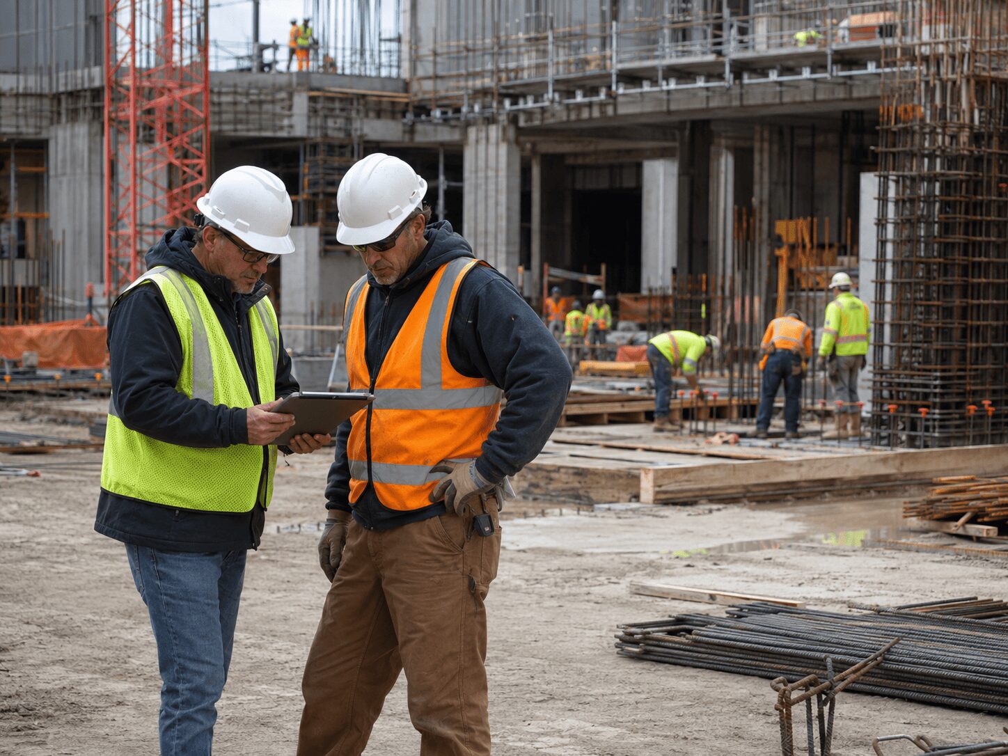Construction project manager reviewing project details on a tablet with a field leader on an active commercial jobsite.