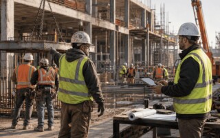 Construction superintendent directing field crews on a commercial jobsite while a project manager reviews plans.